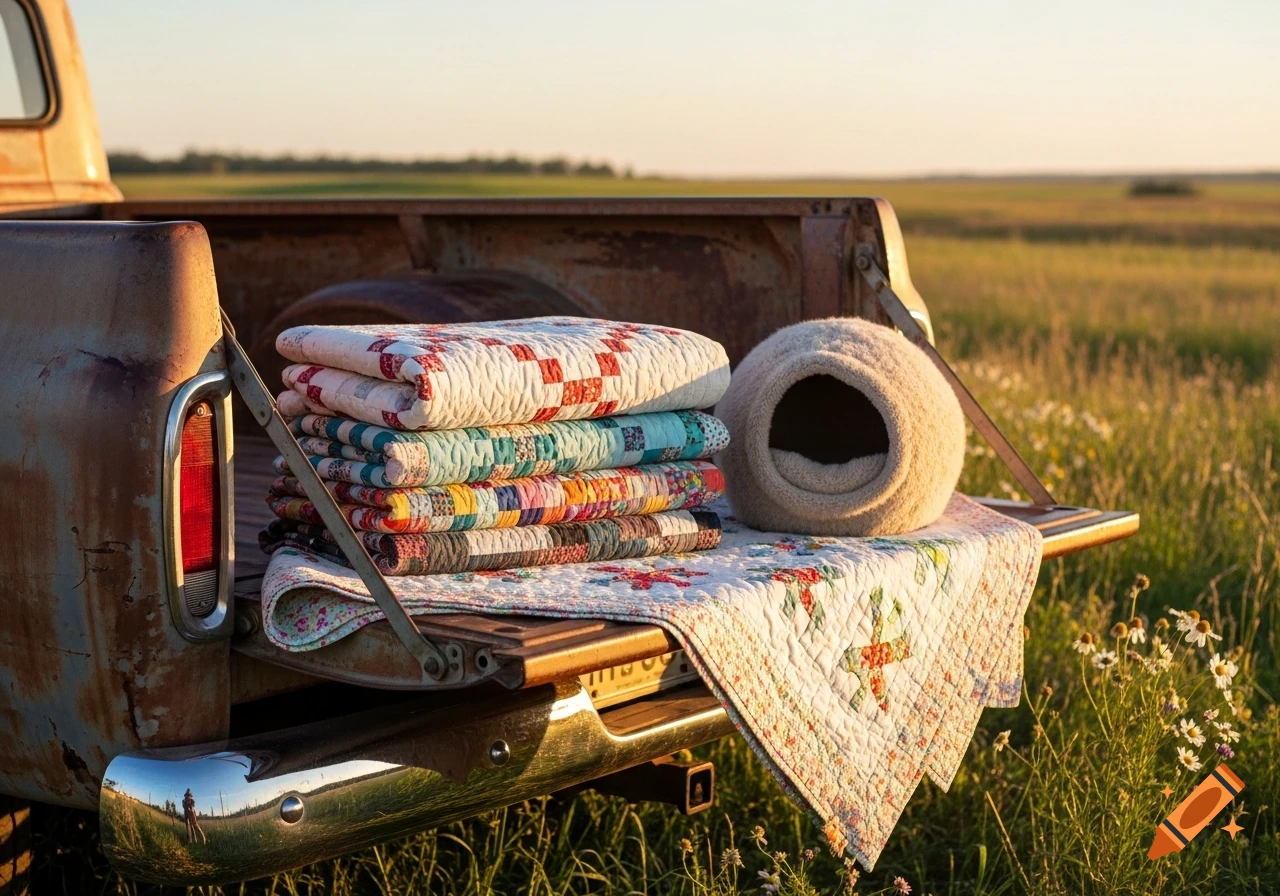 A stack of colorful folded quilts and a cat bed sit on the tailgate of a rusty old truck in a sunny field.