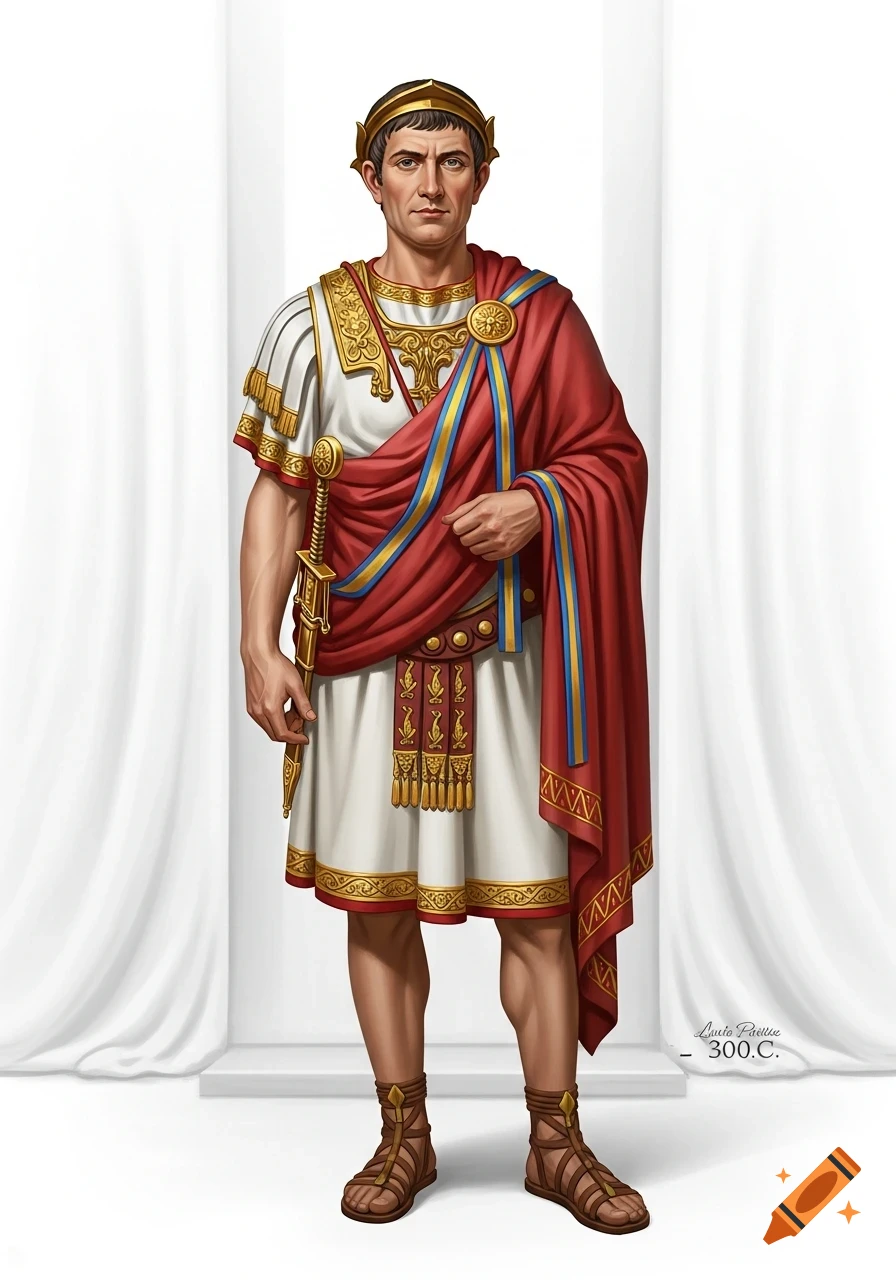 Full-body portrait of a wealthy Roman man in a luxurious white tunic, red and gold cloak, gold crown, and sandals, against white columns.