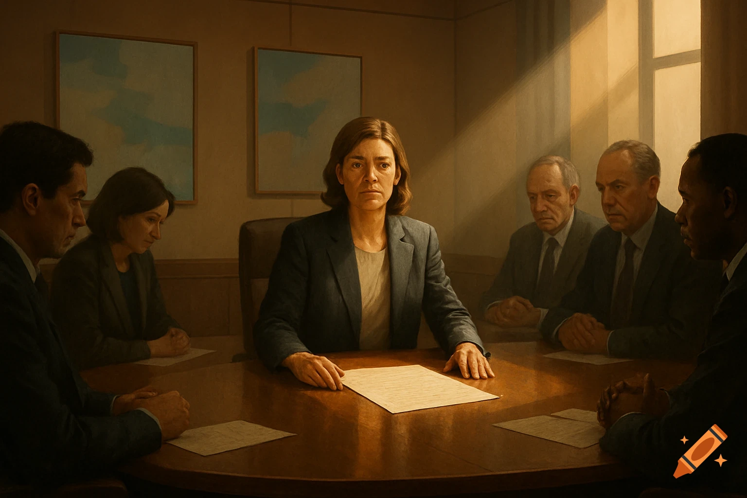 A diverse group of people in suits sits around a large wooden table in a dimly lit meeting room, with a woman in the center looking directly ahead.