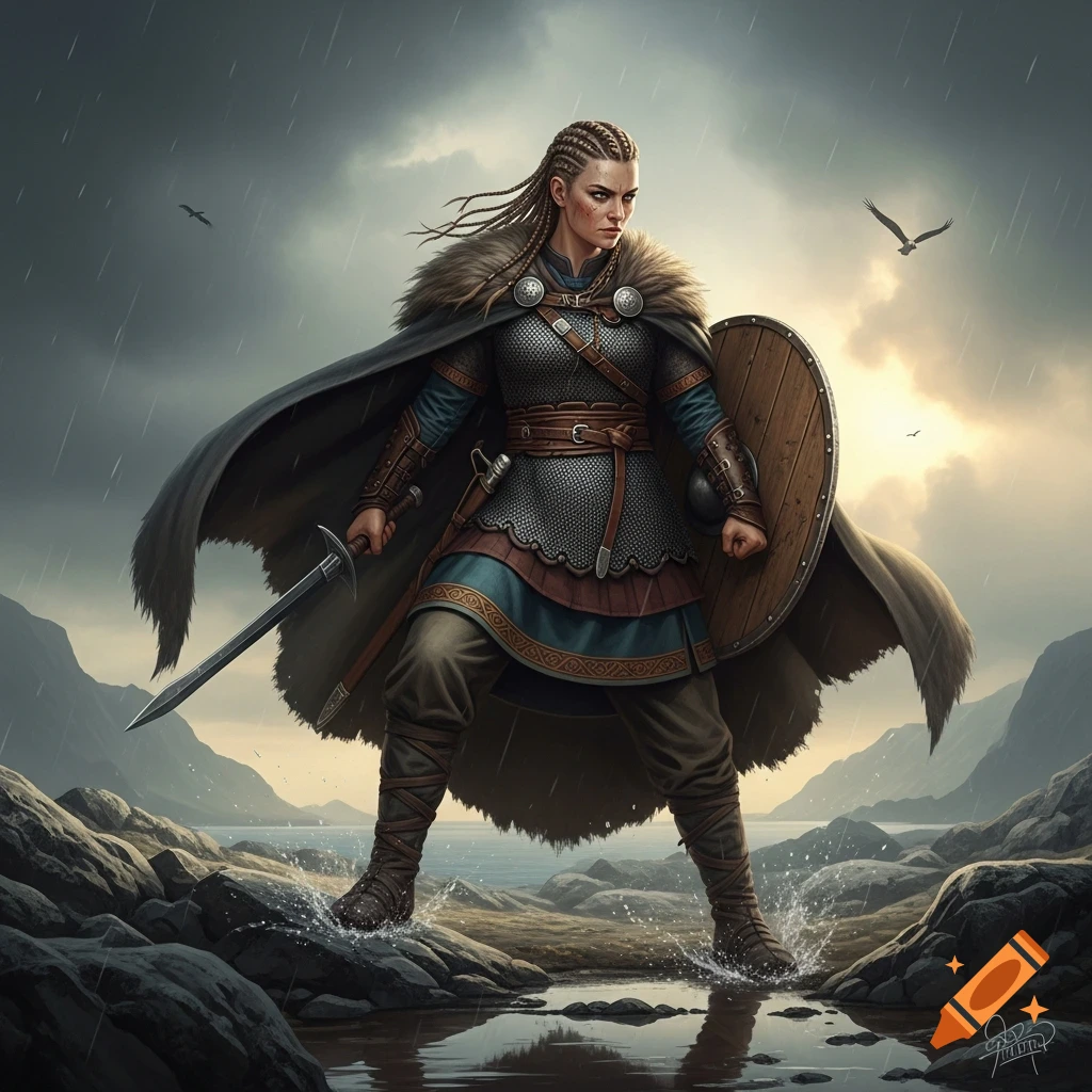 Female Viking warrior in armor with a sword and shield stands in a rainy, rocky landscape with mountains.