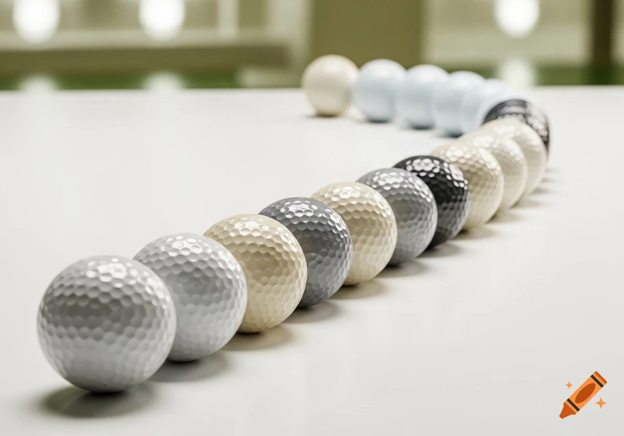 A line of golf balls in shades of white, grey, and black, curving on a white surface, photorealistic.