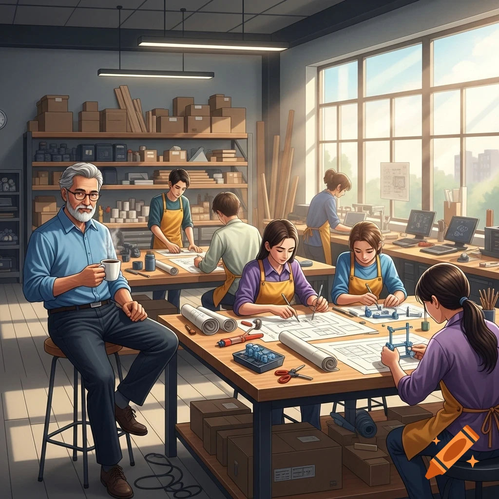 An older male teacher sips coffee at a table while students work diligently on blueprints and models in a design and technology workshop.