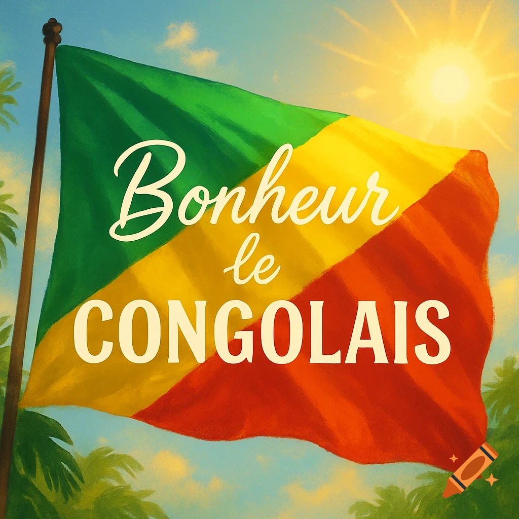 Stylized illustration of the Congo flag with the text 'Bonheur le CONGOLAIS' waving under a sunny sky with palm trees.