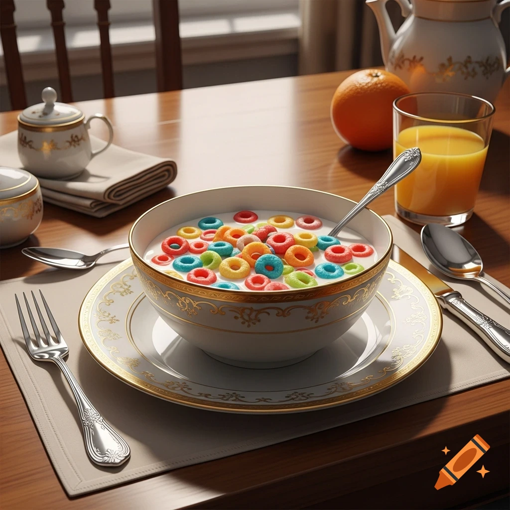 A bowl of colorful, O-shaped cereal with milk and a spoon on an elegant table setting, with orange juice and an orange in the background.