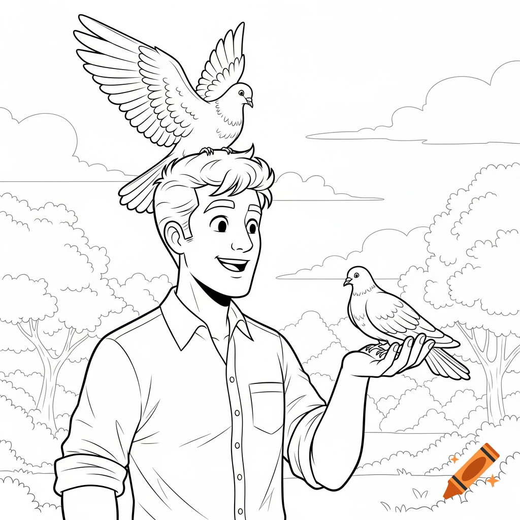 Cartoon coloring page of a smiling man with a dove on his head and another on his hand in a park.