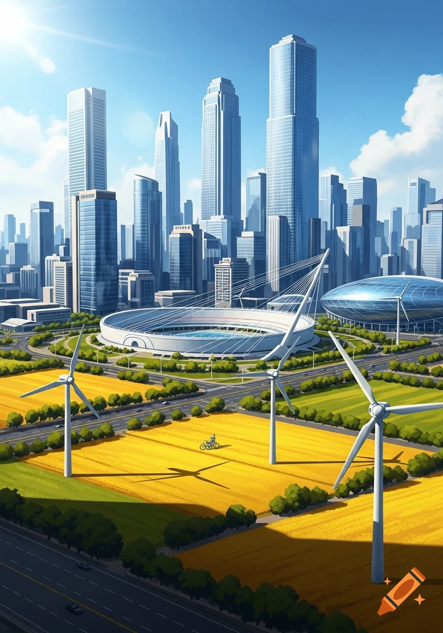 Bright cityscape illustration with skyscrapers, a stadium, wind turbines in yellow fields, and a person on a bike.