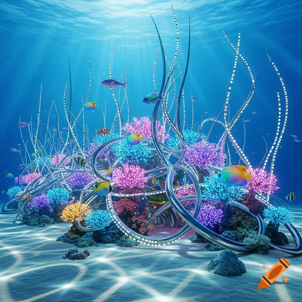 A vibrant underwater coral reef made of chrome and LED lights, with colorful fish swimming.