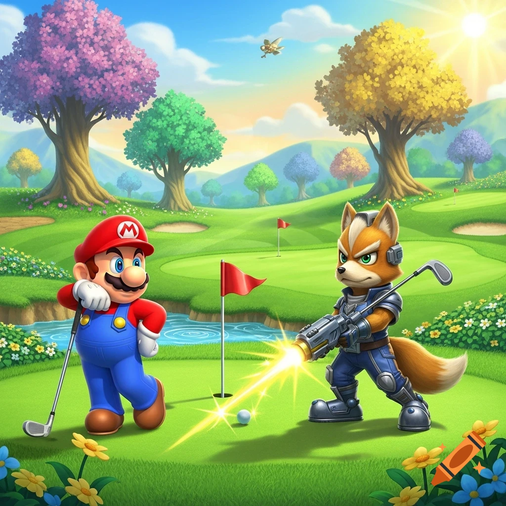 Mario and Fox McCloud on a vibrant golf course. Fox shoots a laser at a golf ball as Mario watches with a golf club.