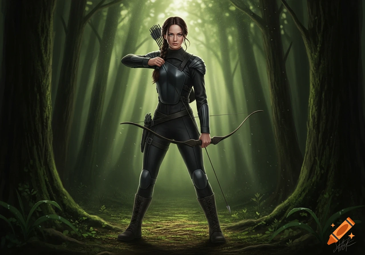 A female archer, resembling Katniss Everdeen, stands confidently with a bow and quiver of arrows in a lush, sunlit forest.
