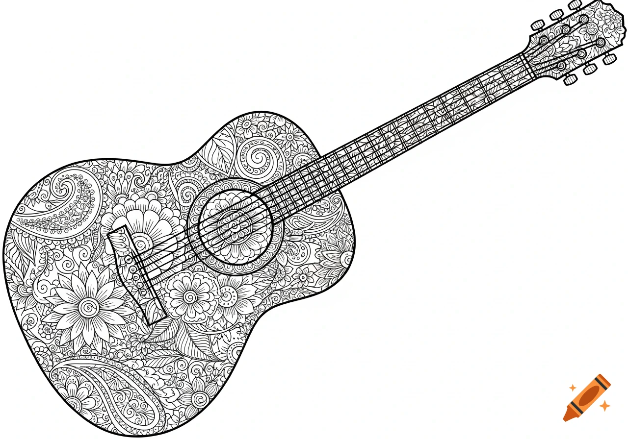 Zentangle-style coloring page of an acoustic guitar, intricately detailed with floral and paisley mandala patterns.