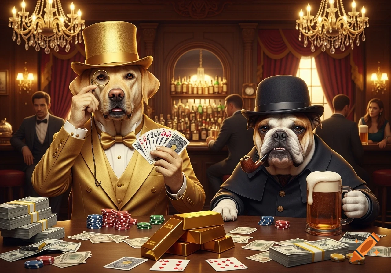 Two anthropomorphic dogs, a golden retriever in a top hat and tuxedo and a bulldog with a pipe, play poker with money and gold bars in a lavish bar.