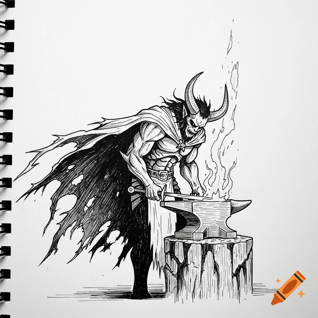 An ink line art drawing of a muscular demonic knight with horns and a ruined cape, forging a longsword on an anvil. The black and white image features fine linework and cross-hatch shading.