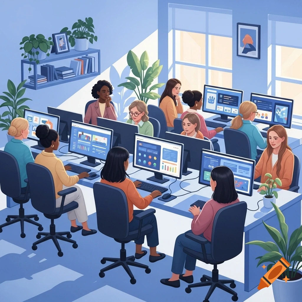 An isometric illustration of diverse women in a computer lab, seated at desks with monitors displaying charts and data, attending a class.