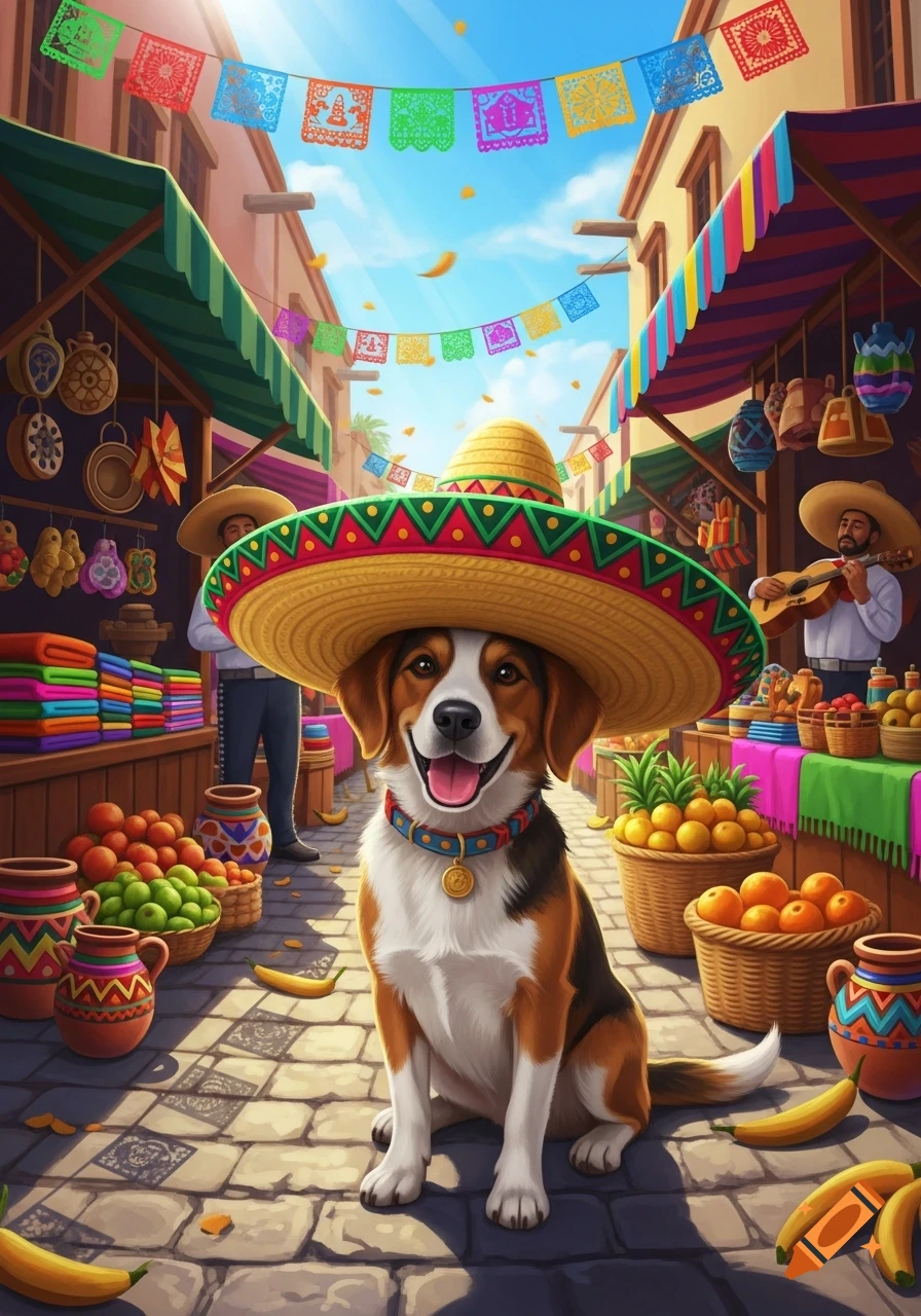 A happy dog in a large sombrero sits in a vibrant Mexican market with colorful banners, fruit stalls, and people, illustrated.