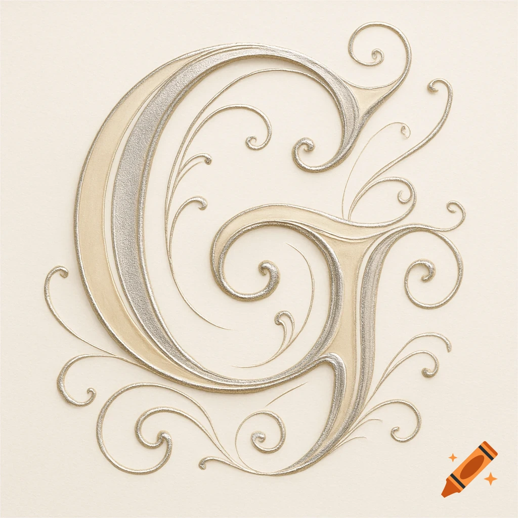 A decorative calligraphic letter G in shimmering silver and matte beige, adorned with intricate filigree flourishes.