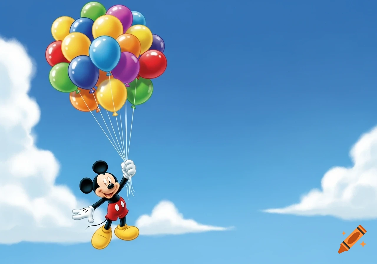 Cartoon Mickey Mouse floats in a bright blue sky, holding a large bunch of colorful balloons.
