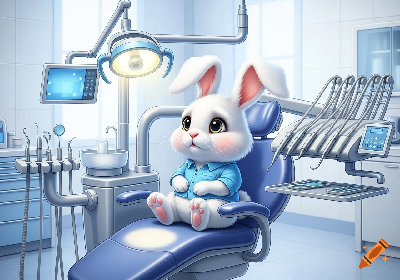A cute white cartoon bunny with pink cheeks and paws sits in a blue dentist chair in a sterile dental office.