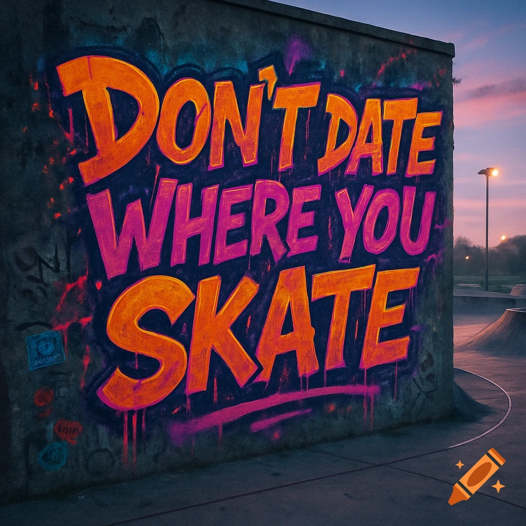 A colorful graffiti mural on a concrete wall at a skatepark at dusk, reading 'DON'T DATE WHERE YOU SKATE' in orange and pink text.