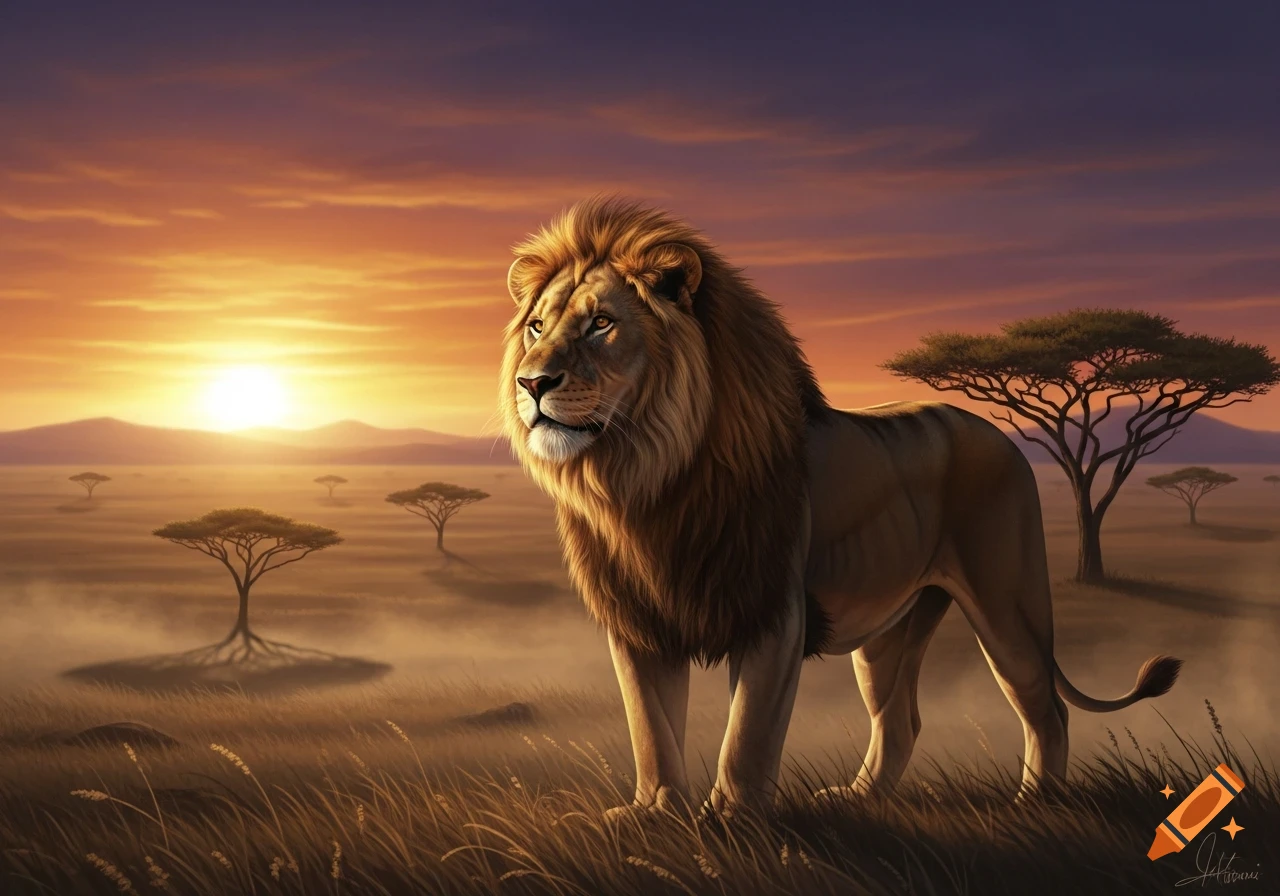 A majestic male lion stands in a golden savanna at sunset with acacia trees in the background.