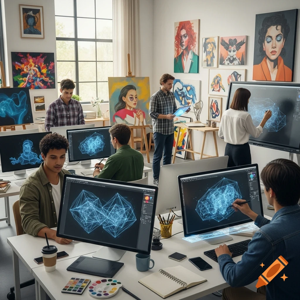 Students and professionals work with computers and art supplies in a bright, modern art studio filled with diverse paintings.