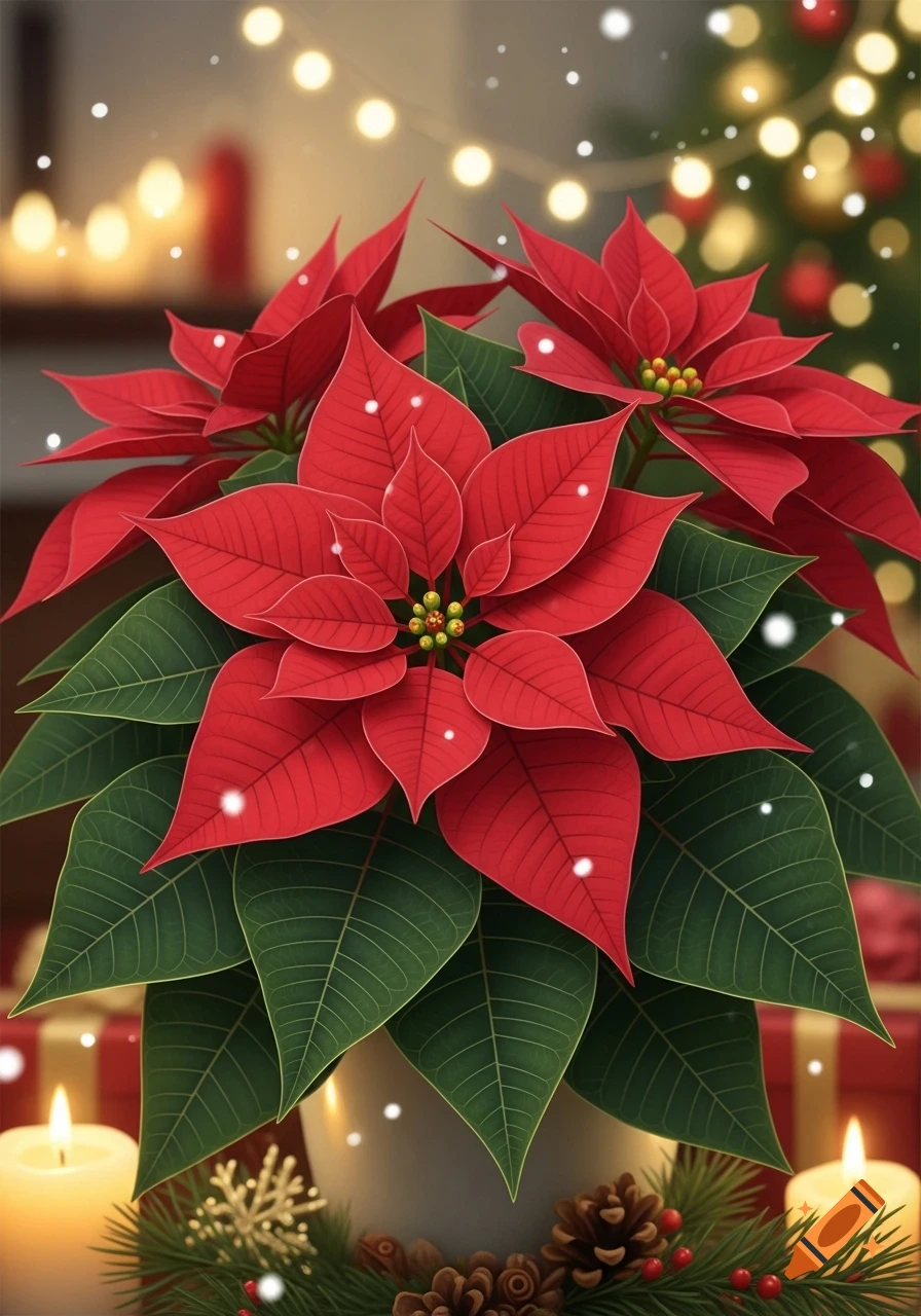 A vibrant red poinsettia plant sits among lit candles, pinecones, and snowy accents, with blurred festive lights in the background.