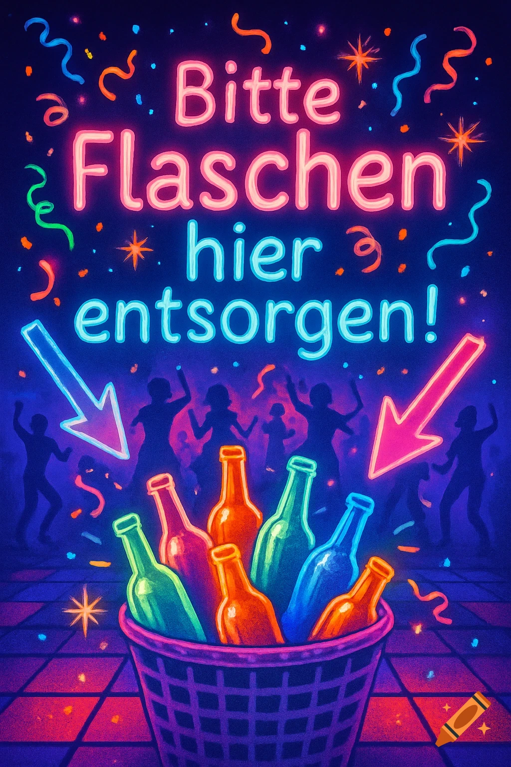 Neon sign "Bitte Flaschen hier entsorgen!" over a disco floor with dancing silhouettes and a basket of glowing bottles.