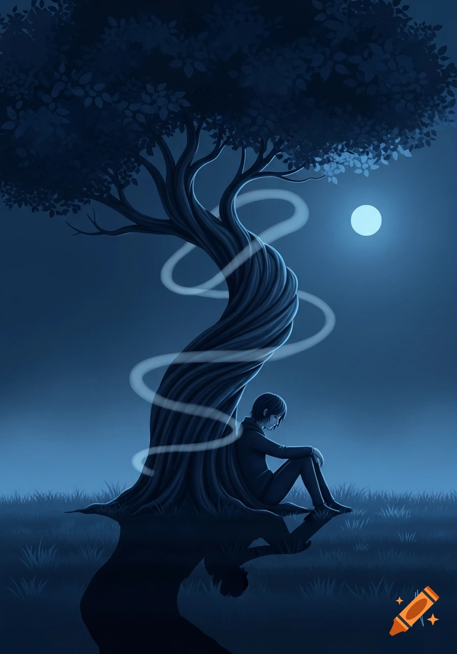 A stylized digital illustration of a lonely person sitting under a twisted tree at night with a full moon, all in blue tones.