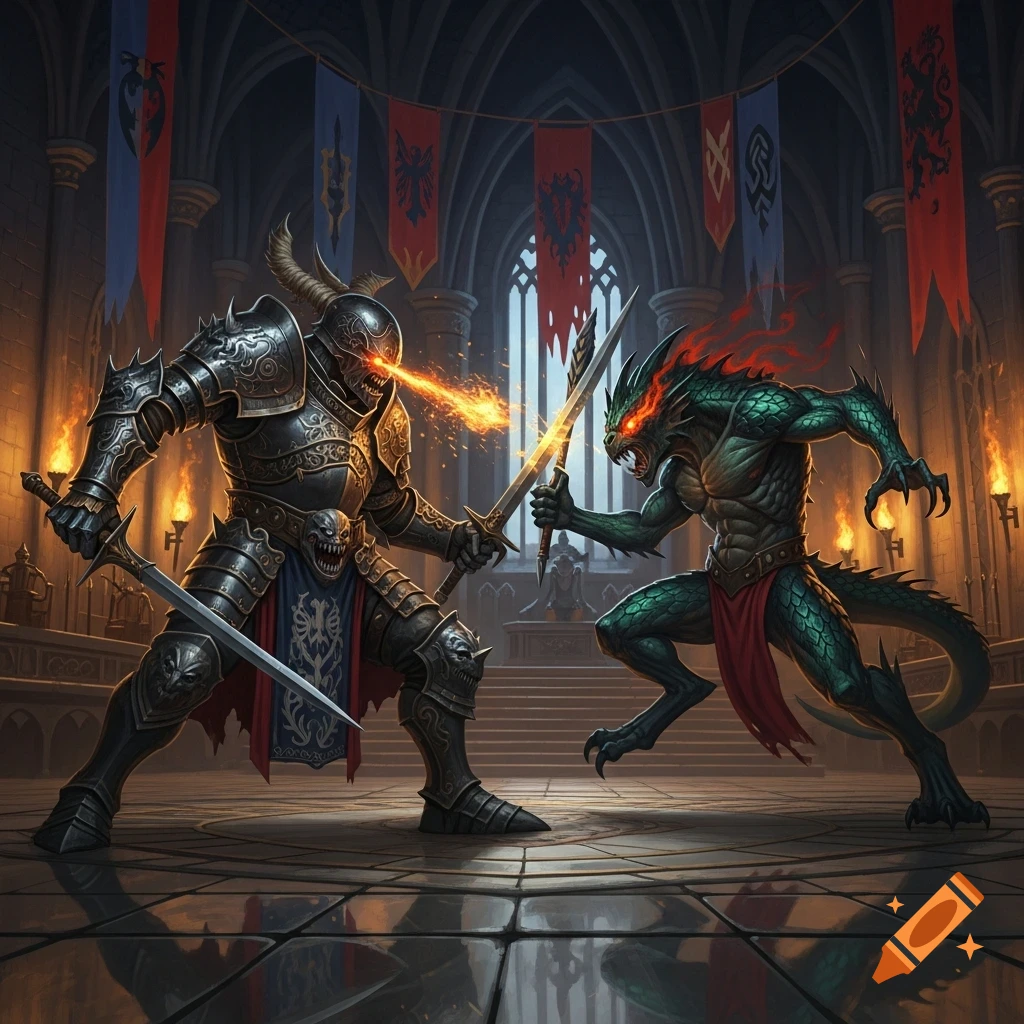 A knight in dark armor with laser eyes battles a green dragon-like monster with swords in a gothic hall.