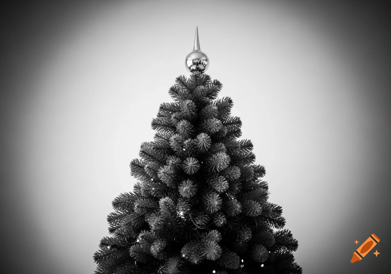 Black and white photorealistic Christmas tree with a silver finial at the top.
