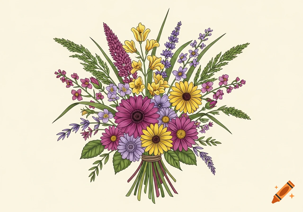 Vibrant botanical illustration of a lush bouquet featuring pink, yellow, and purple flowers with green grasses tied together.