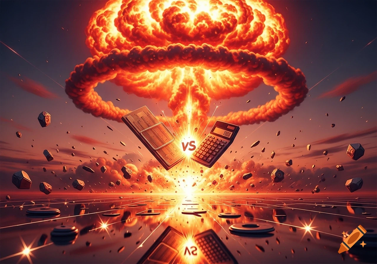 A slide rule and a calculator collide mid-air, creating a massive, fiery nuclear explosion and mushroom cloud in a dynamic, epic scene.