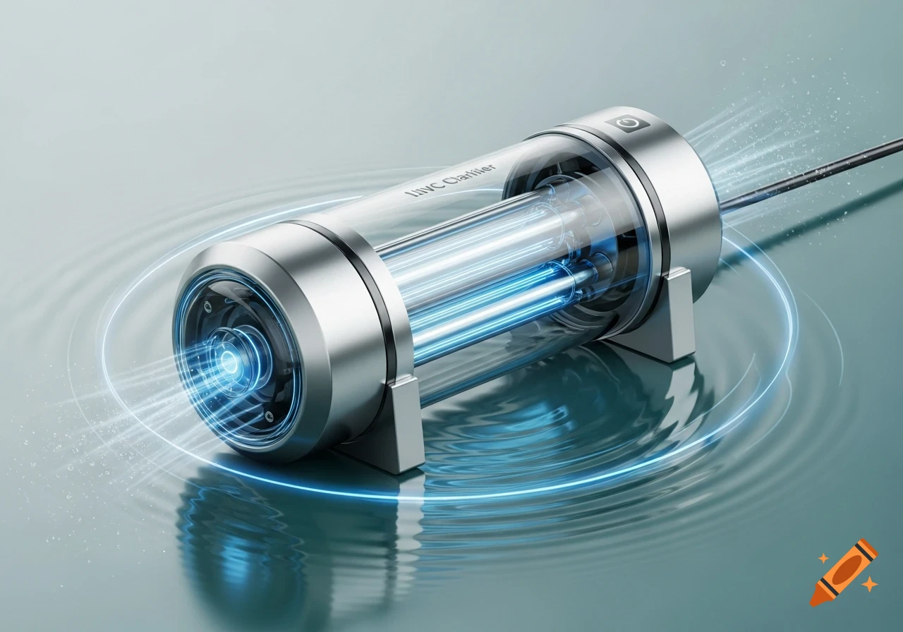 A sleek, cylindrical UVC clarifier device with glowing blue light rests on a rippling water surface, creating concentric circles.