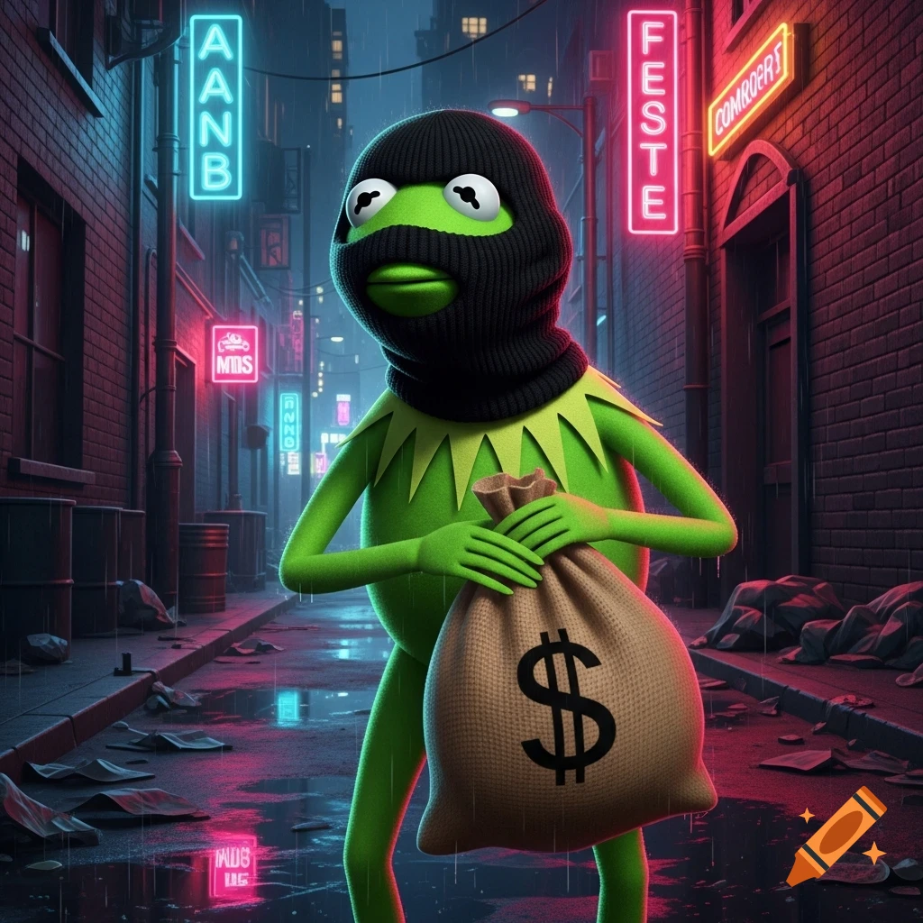 Kermit the Frog in a balaclava holds a money bag in a rainy, neon-lit city alley at night.