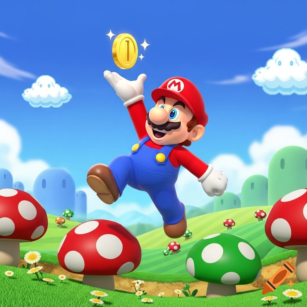 Mario jumps to collect a golden coin in a vibrant, cartoon-like landscape with green hills and red and green mushrooms.