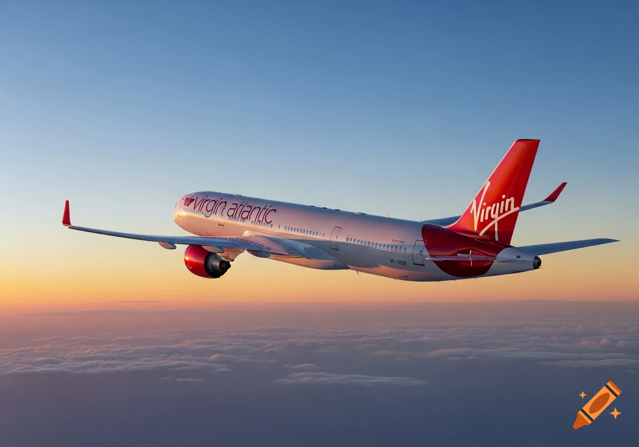 A Virgin Atlantic airplane flies above the clouds during sunset, with blue sky above and an orange glow near the horizon.
