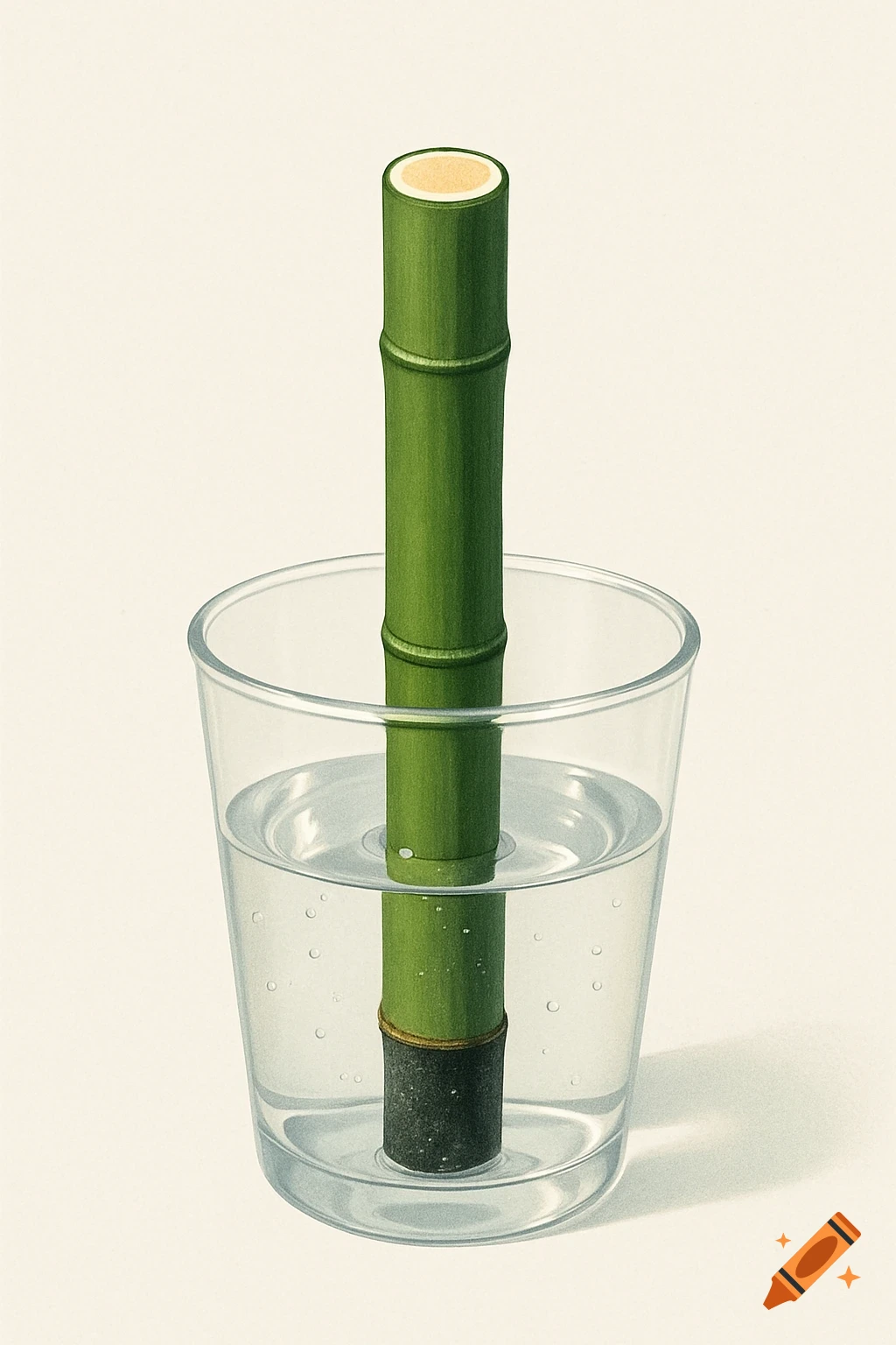A green bamboo stalk with a pale yellow top, partially submerged in water in a clear glass, showing a dark bottom end and small bubbles.