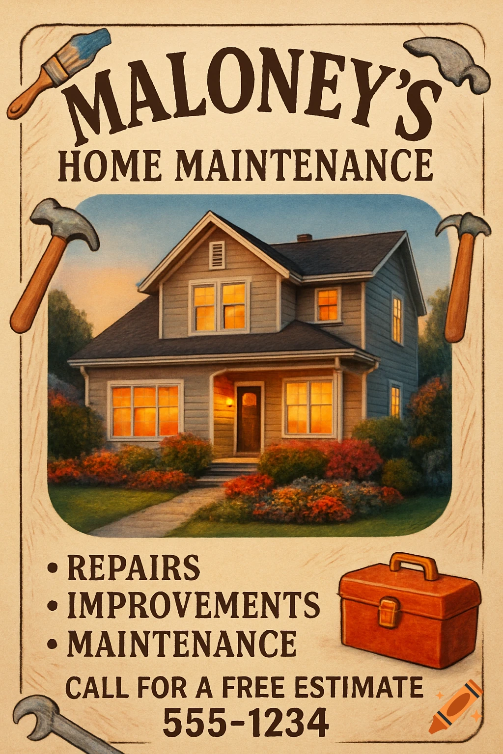 Illustrated vintage-style flyer for Maloney's Home Maintenance, featuring a house, tools, and a list of services.
