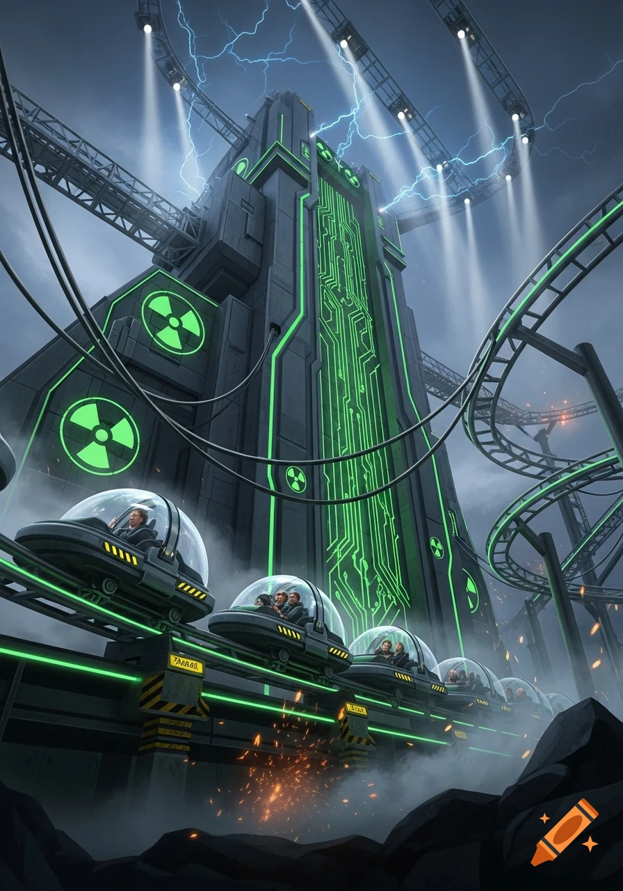Futuristic theme park ride with pods, a towering structure with green circuits and radiation symbols, and lightning in the sky.