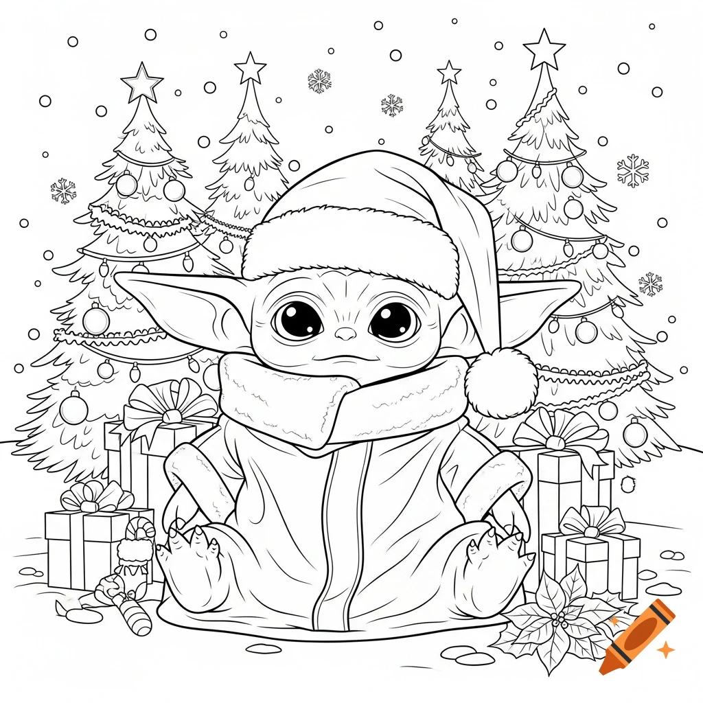 Black and white coloring page of Grogu in a Santa hat with Christmas trees, presents, and snowflakes.