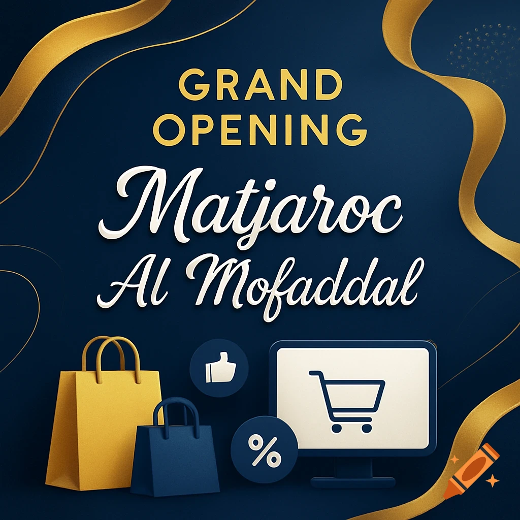 A 'Grand Opening Matjaroc Al Mofaddal' announcement on a blue background with gold ribbons, shopping bags, and e-commerce icons.