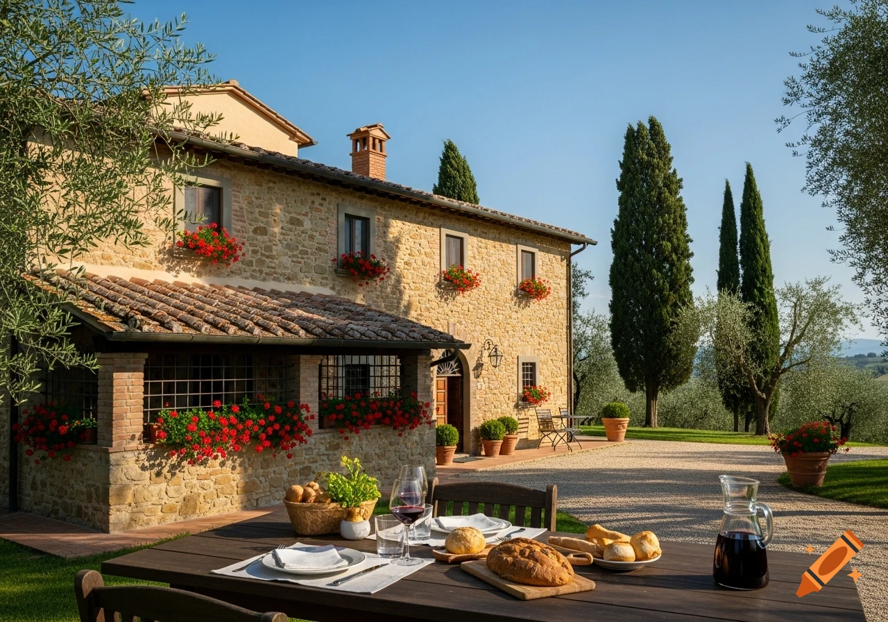 Photorealistic stone Tuscan villa with red flowers, an outdoor dining table with bread and wine, surrounded by cypress trees and sunlit hills.