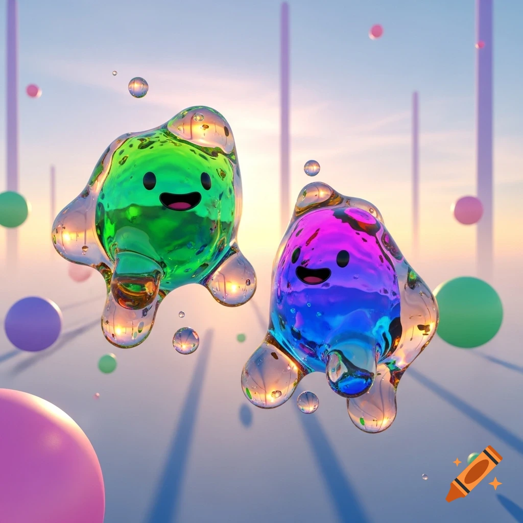 Two colorful, glossy, blob-like creatures with happy faces float amidst spheres and pillars in a bright, ethereal 3D art scene.