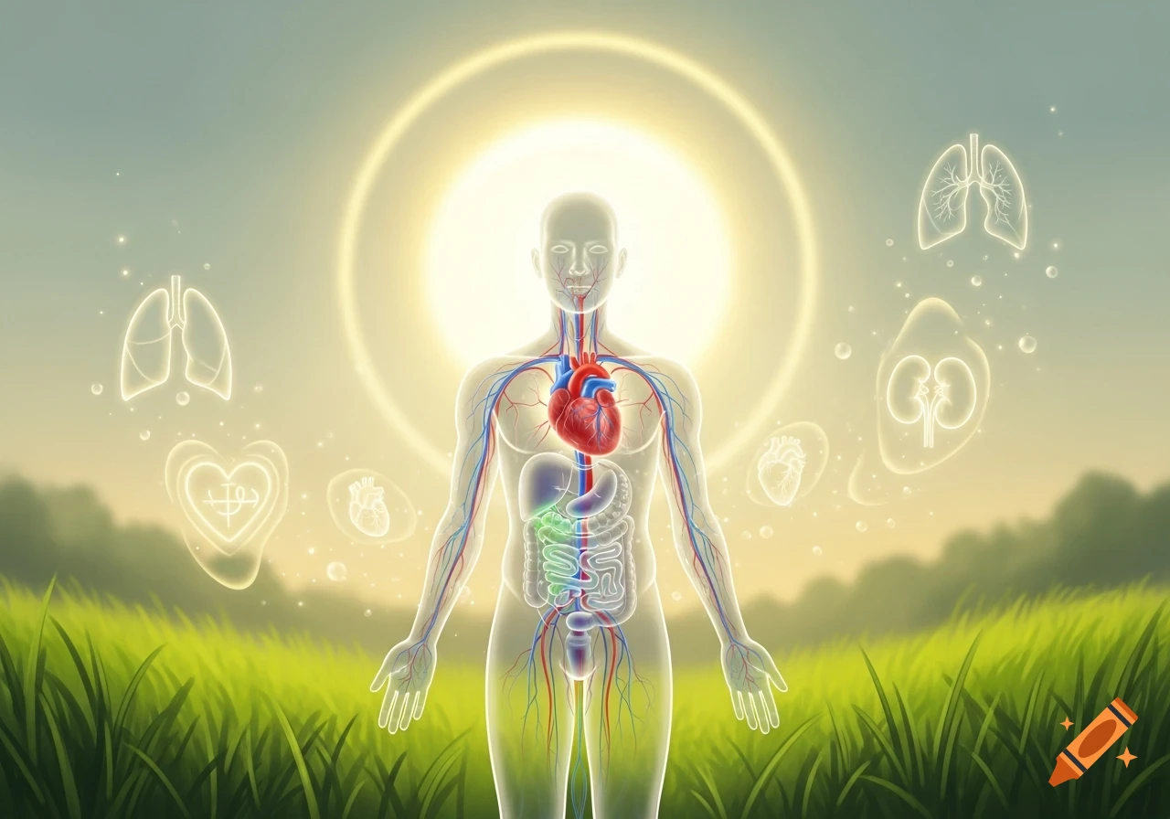 Stylized translucent human body showing glowing internal organs and circulatory system in a green field under a radiant sun.