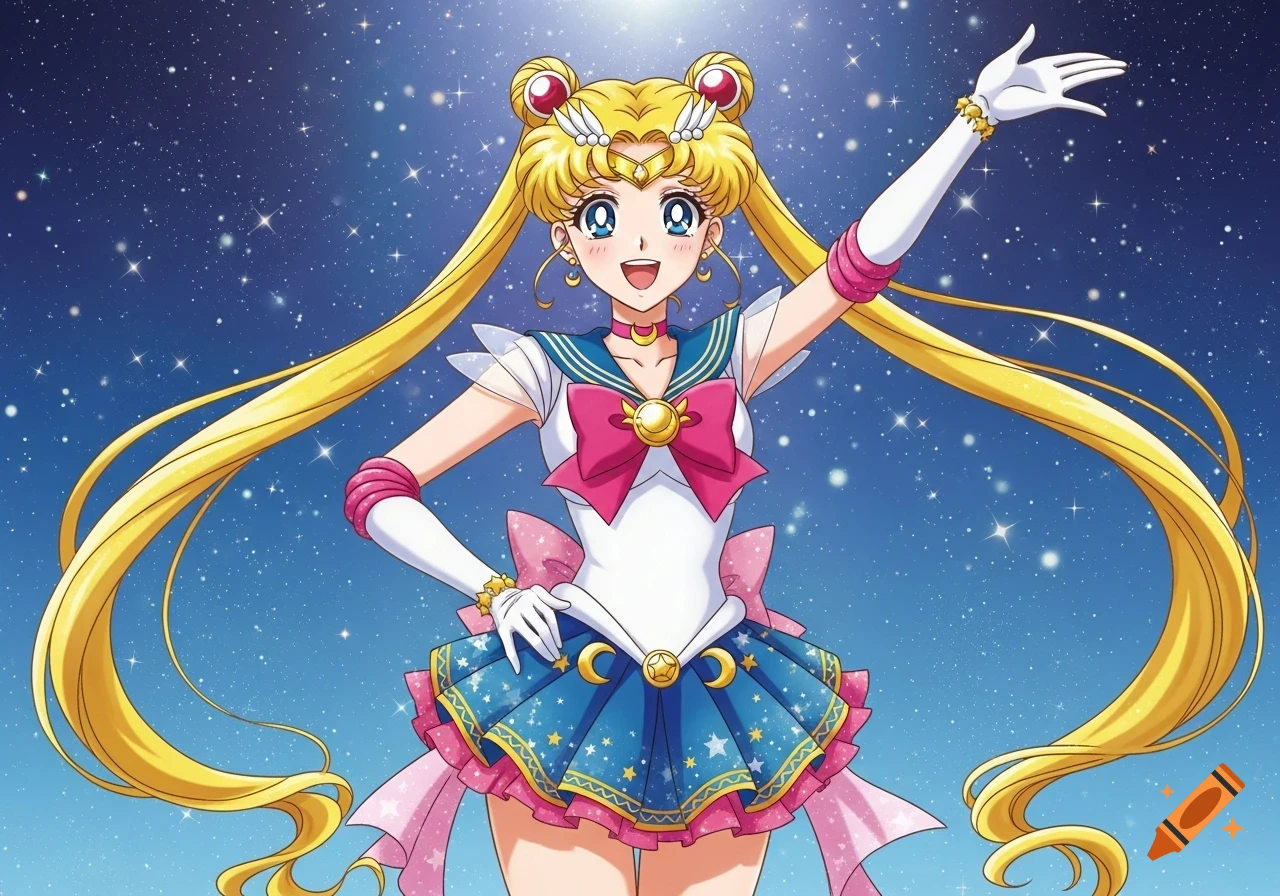 Sailor Moon in her colorful sailor-style outfit with long blonde hair and sparkling eyes, set against a starry blue sky, anime style.