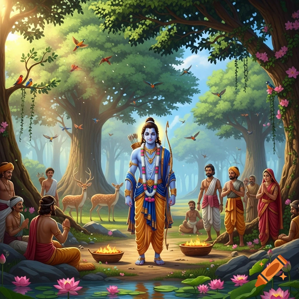 Vibrant illustration of blue-skinned Lord Rama with bow and arrow, surrounded by people, deer, birds, and lotus flowers in a lush, serene forest.