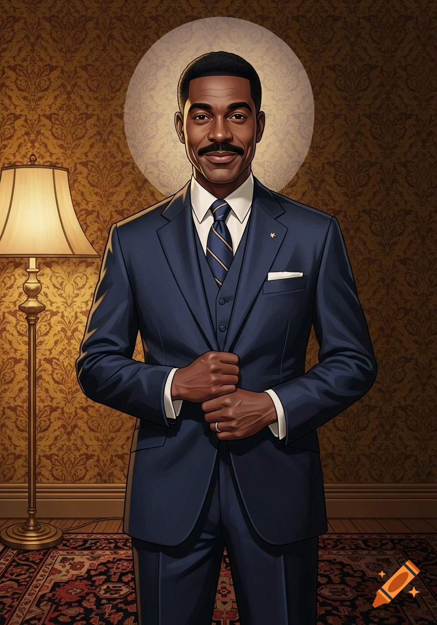 A stylized illustration of a man with a mustache in a dark blue suit, standing in a richly decorated room.