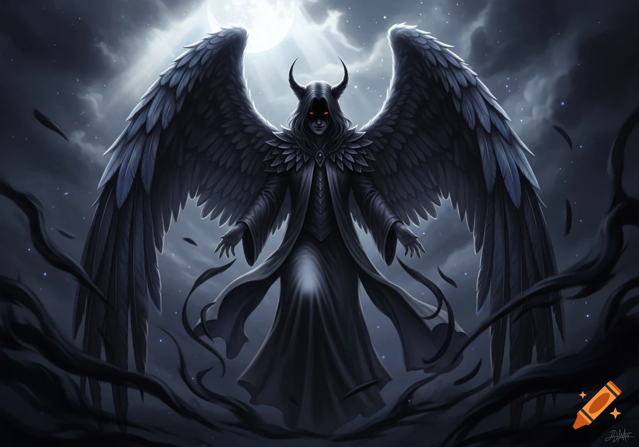 A dark, horned figure with large black wings and glowing red eyes ...