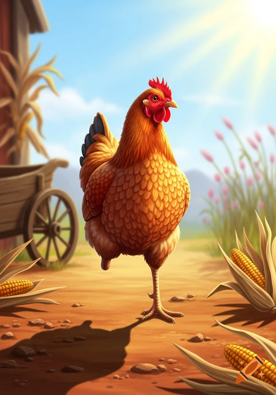 A three-legged chicken stands on a dirt path with corn cobs, a wooden wagon, and a barn in the background under a bright blue sky.