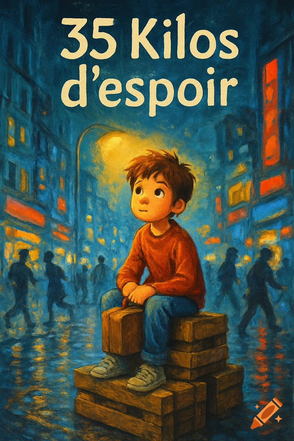 Painterly illustration of a young boy sitting on boxes in a rainy city street at night, looking up. Text '35 Kilos d'espoir'.