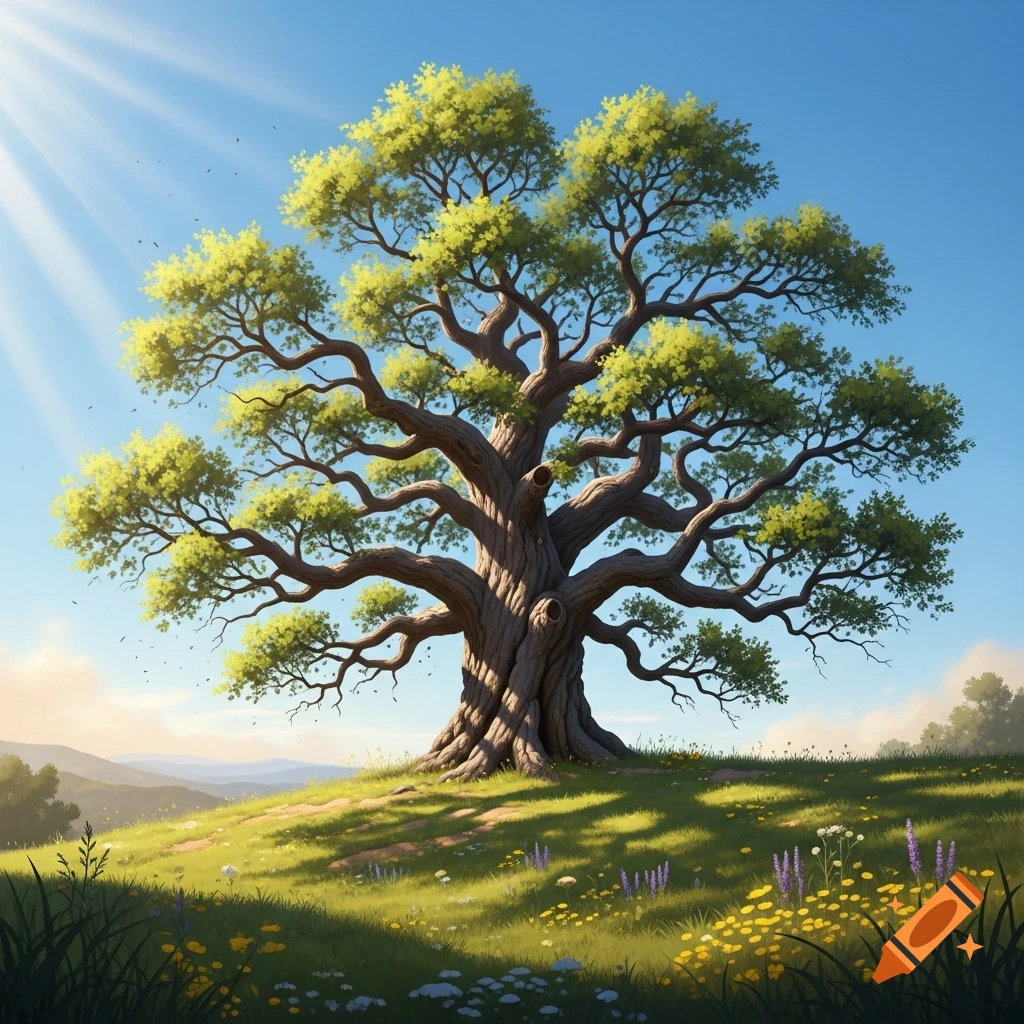 A majestic old oak tree with vibrant green leaves stands alone on a sunlit grassy hill under a clear blue sky.